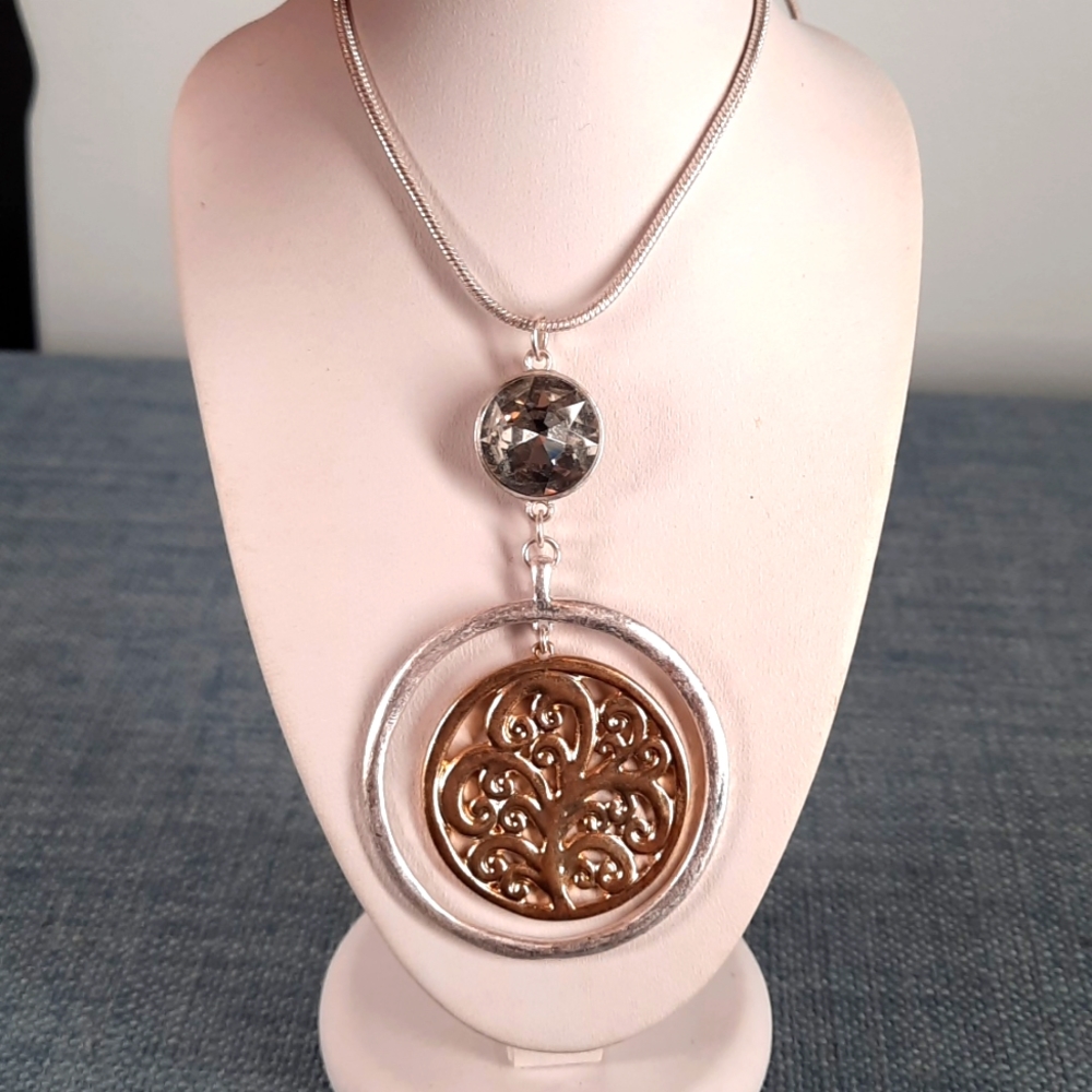 27" Pendant Necklace Circle Filigree Gold Silver Crystal Accent Jewelry